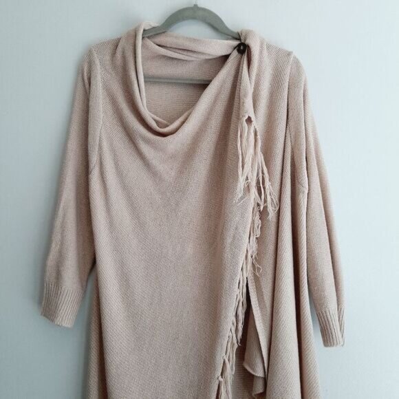 Fringe Hem \ Waterfall Sweater Cardigan Open Front / One Button Cream Pink Sz S - Picture 3 of 8